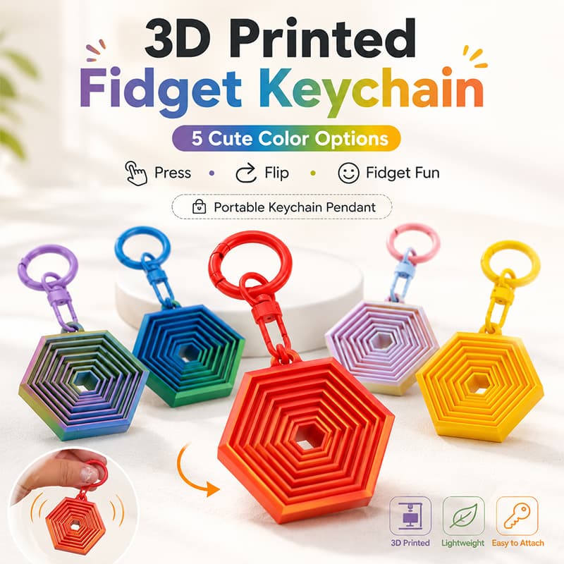 3D Printed Hexagon Fidget Keychain, Layered Flip Key Ring Pendant, Lightweight Bag Charm & Everyday Carry Accessory, Multiple Colors