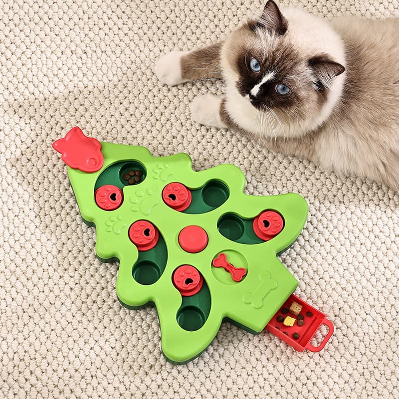 Christmas Tree Cat Puzzle Feeder Slow Feeder Bowl Interactive IQ Training Toy For Indoor Cats Boredom Relief Mental Stimulation Pet Cats Brain Training Game