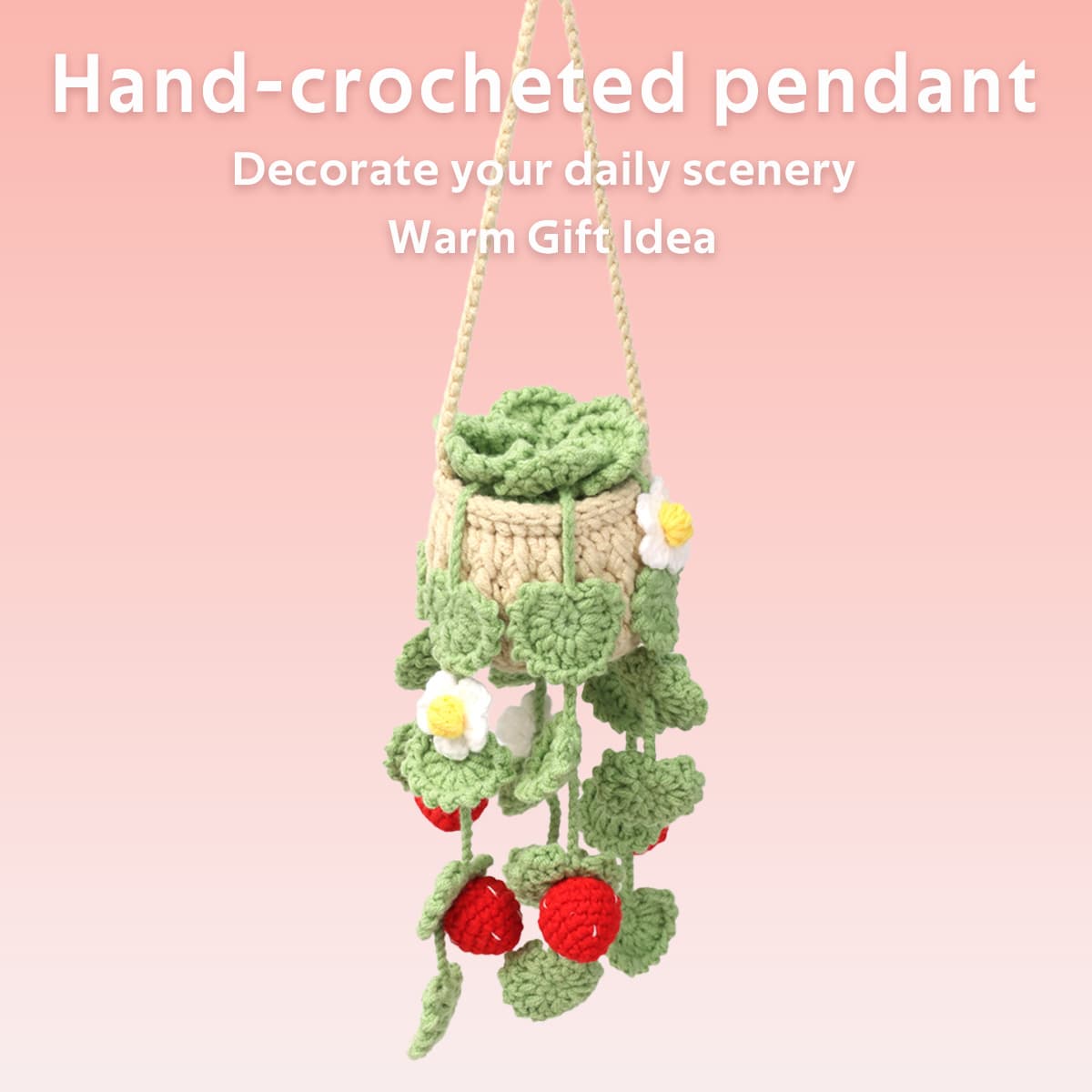 Handmade Crochet Hanging Potted Ornament With Trailing Strawberry Decorations And White Blossoms Everlasting Soft Yarn Crochet Flower Indoor Home Hanging Decor