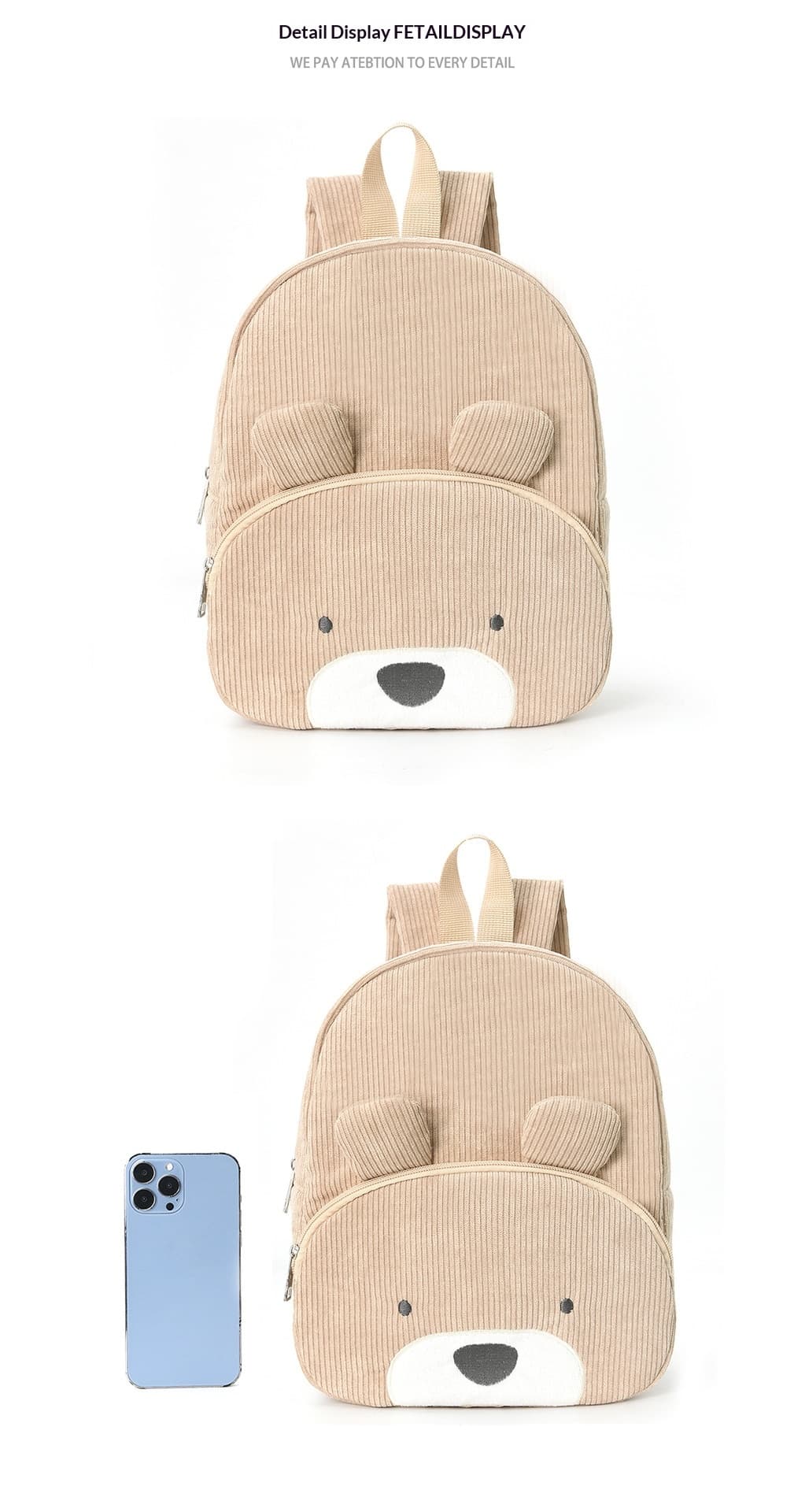 Cute Teddy Bear Backpack, Corduroy, Elementary School Backpack, Fashionable Casual Backpack, Cartoon Plush Bag-0936 Khaki Bear