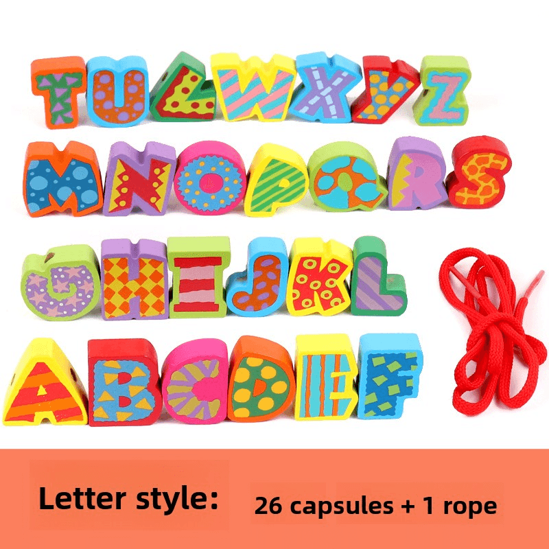 Wooden Kids Lacing Beads With Farm Animals, Letters & Traffic Shapes, Early Educational Pretend Play Parent-Child Game