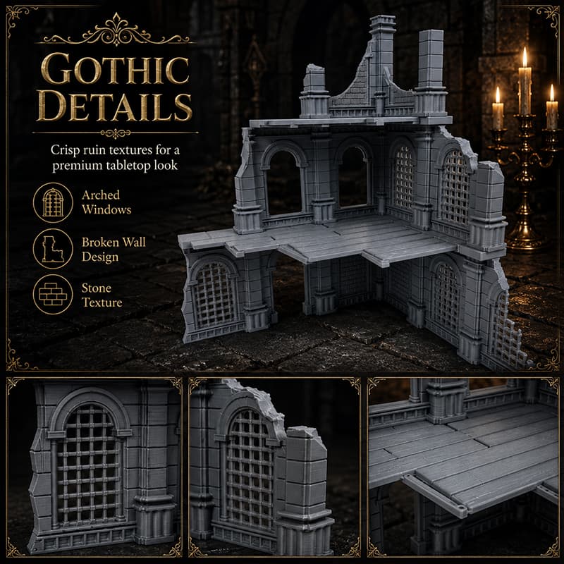 15PCS 3D Printed Gothic Ruins Terrain Set, Modular Gray Building Walls And Platforms For Tabletop RPG Games, Wargame Maps And Diorama Displays