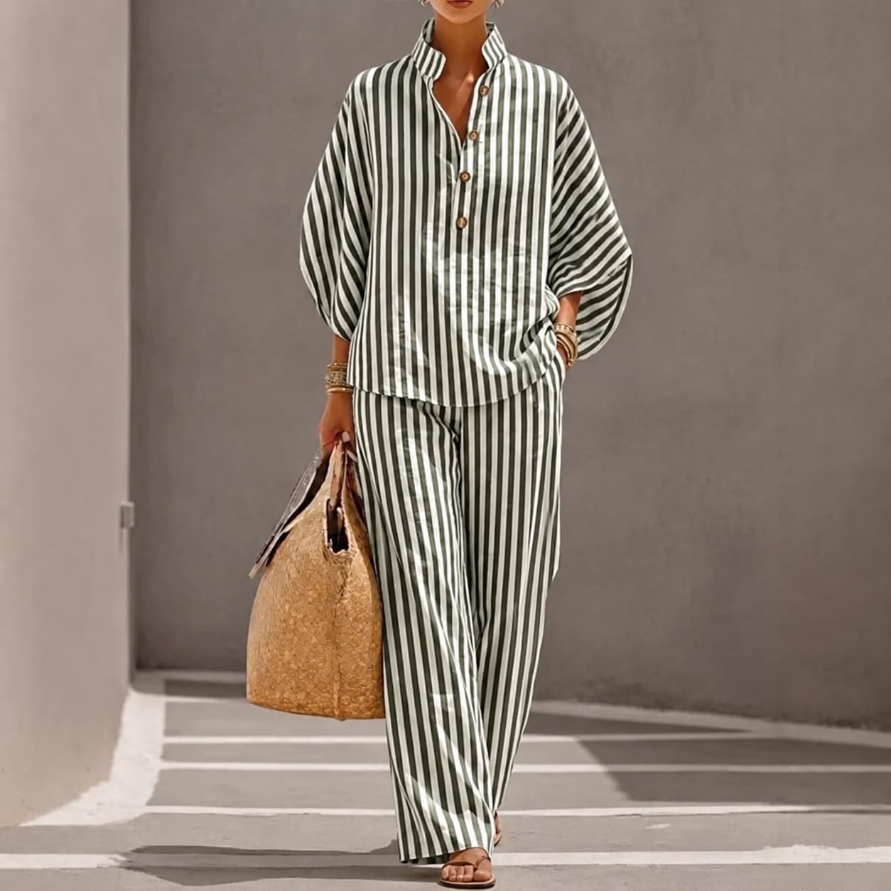 Striped Shirt And Wide-leg Pants Two-piece Set