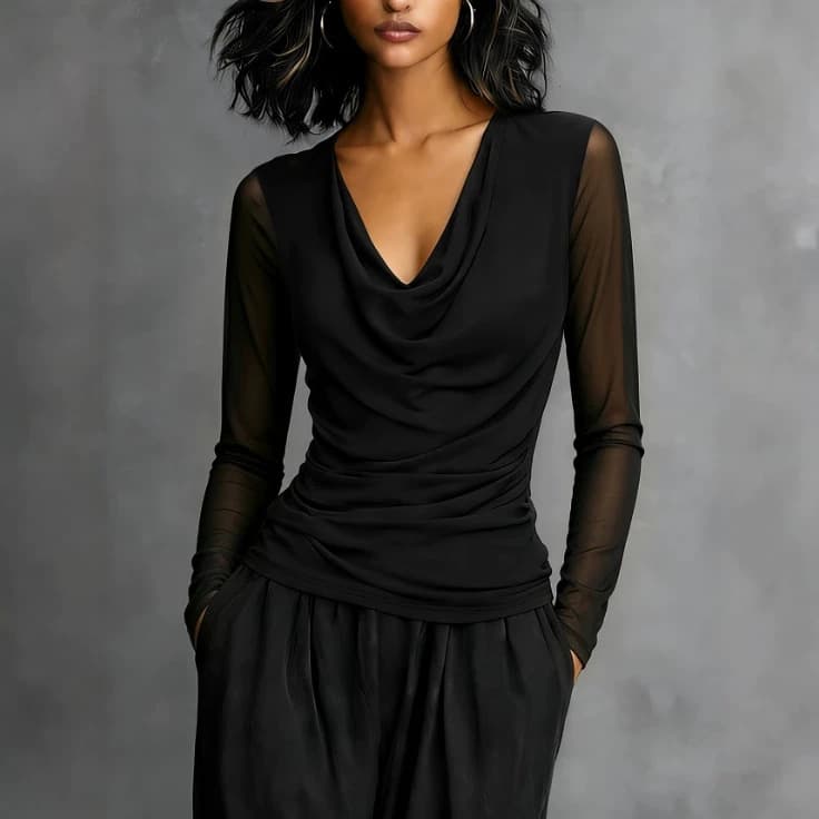 Mesh Ruffled-neck Layered Long-sleeve Elegant Top