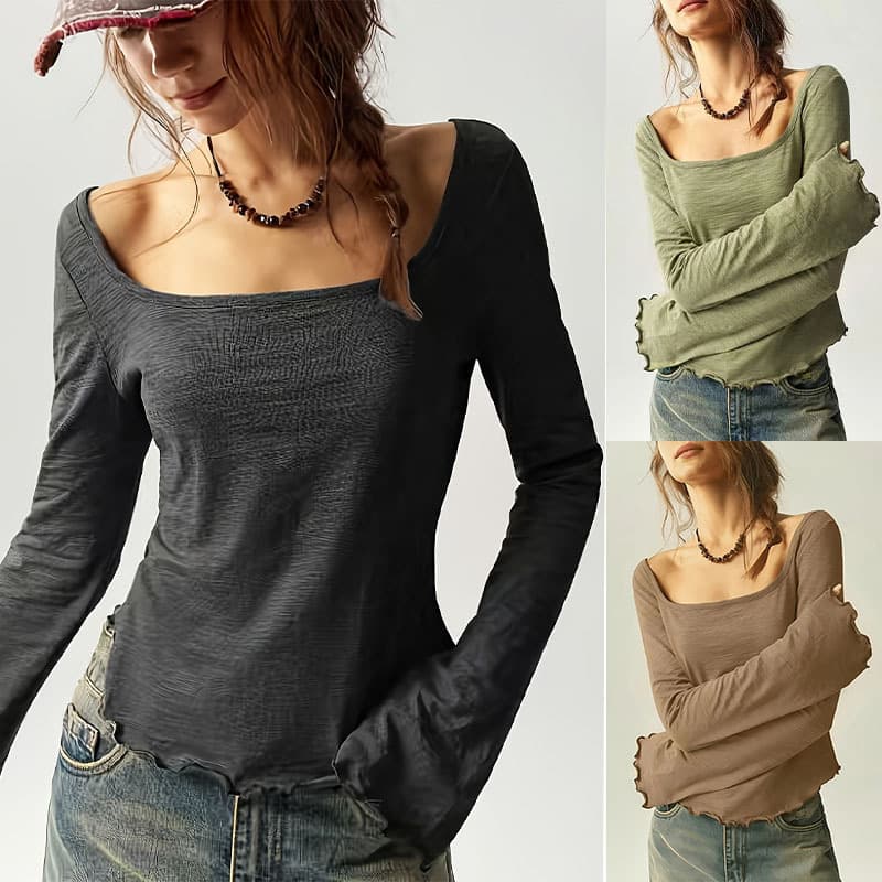 Wide-neck Long-sleeve Top Basic T-shirt