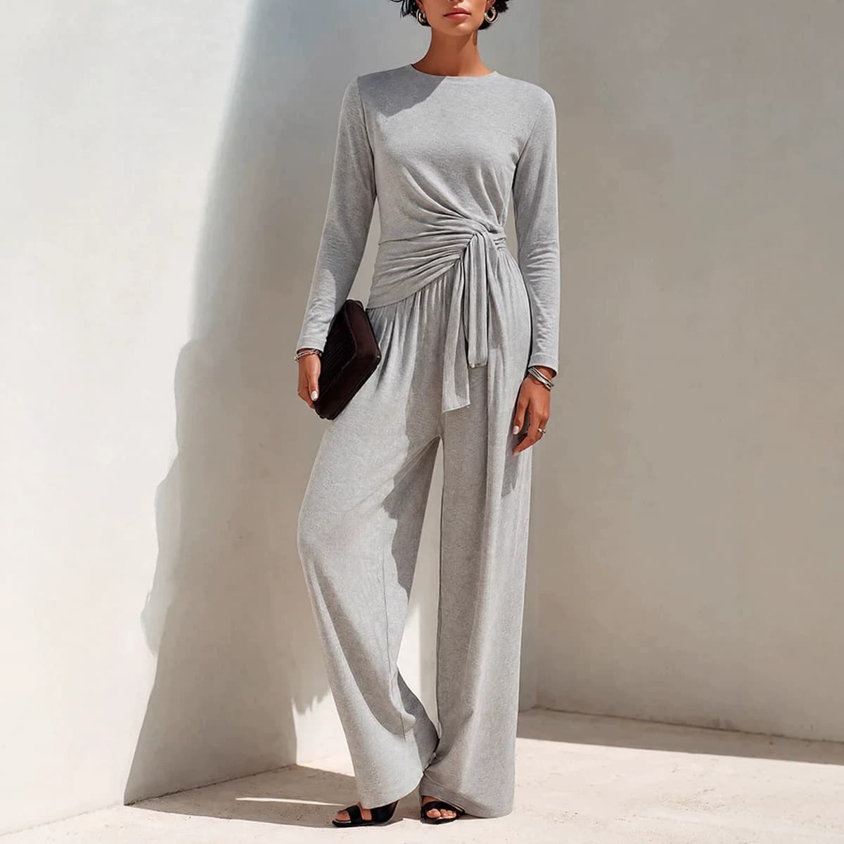 Womens Crew-neck Long-sleeve Top And Wide-leg Pants Set