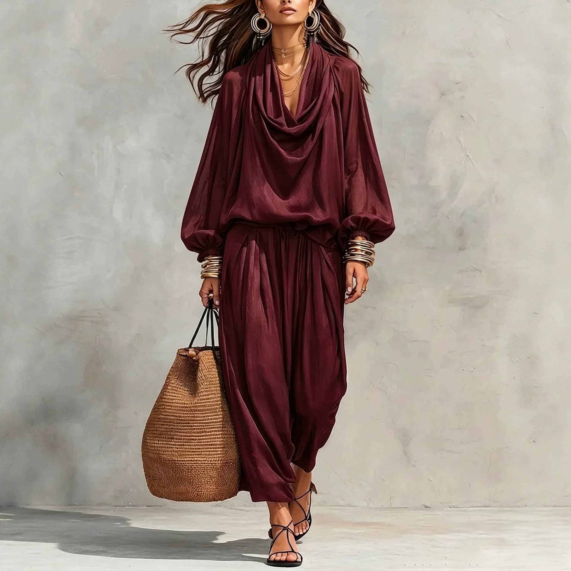 Arrival Casual Retro Wine-Red Halterneck Two-Piece Set