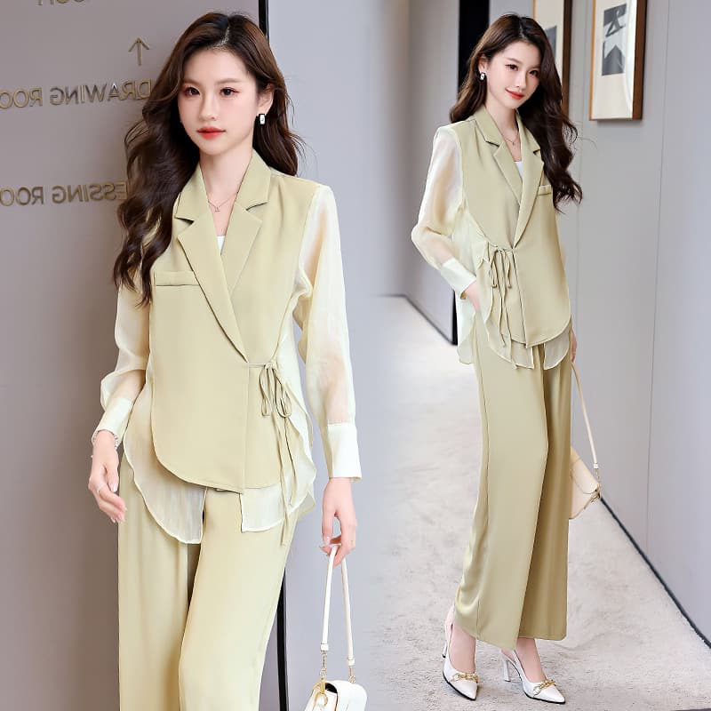 Fashionable Relaxed-fit Belted Blazer And Wide-leg Pants Two-piece Set