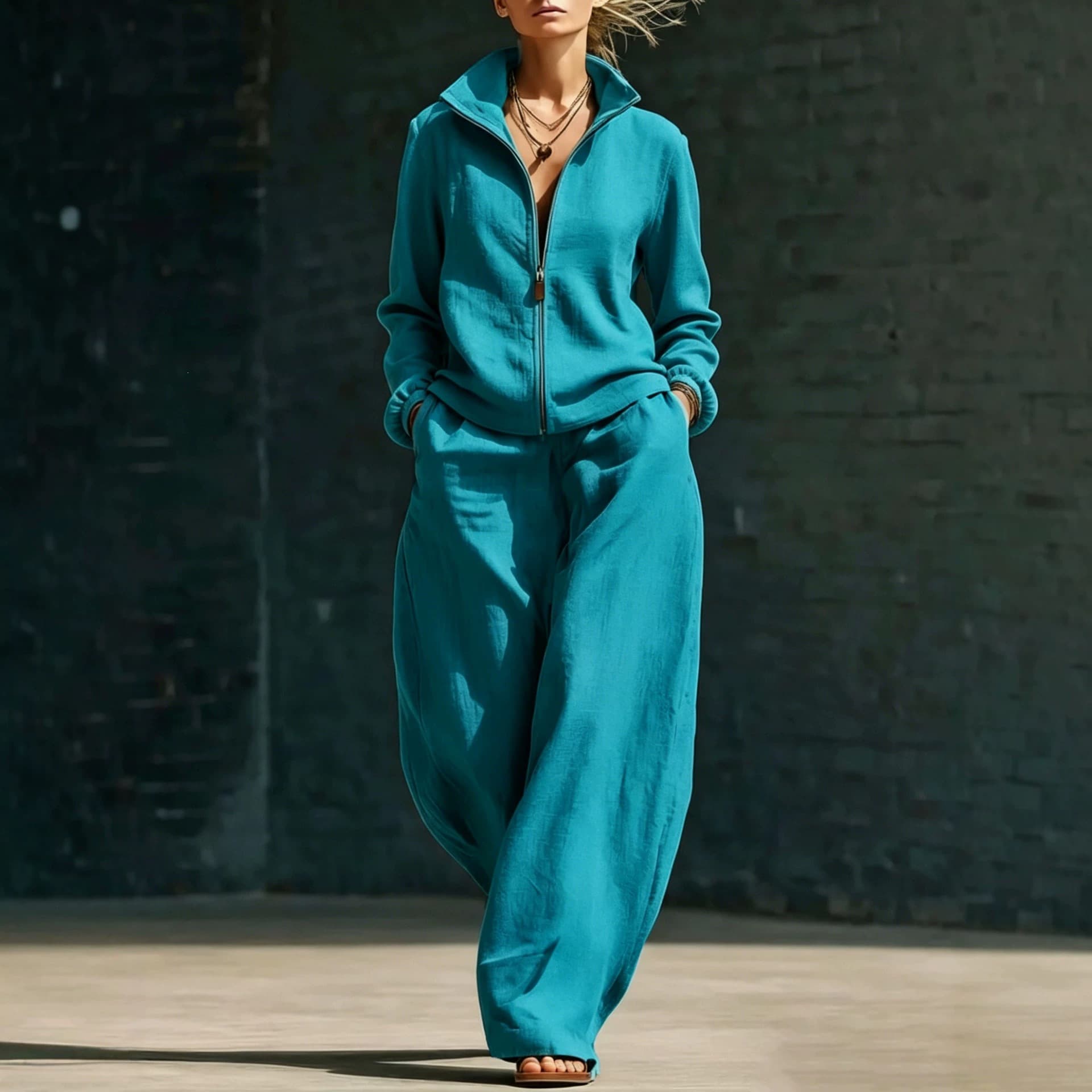 Womens Casual Set Stand-collar Top And Trousers