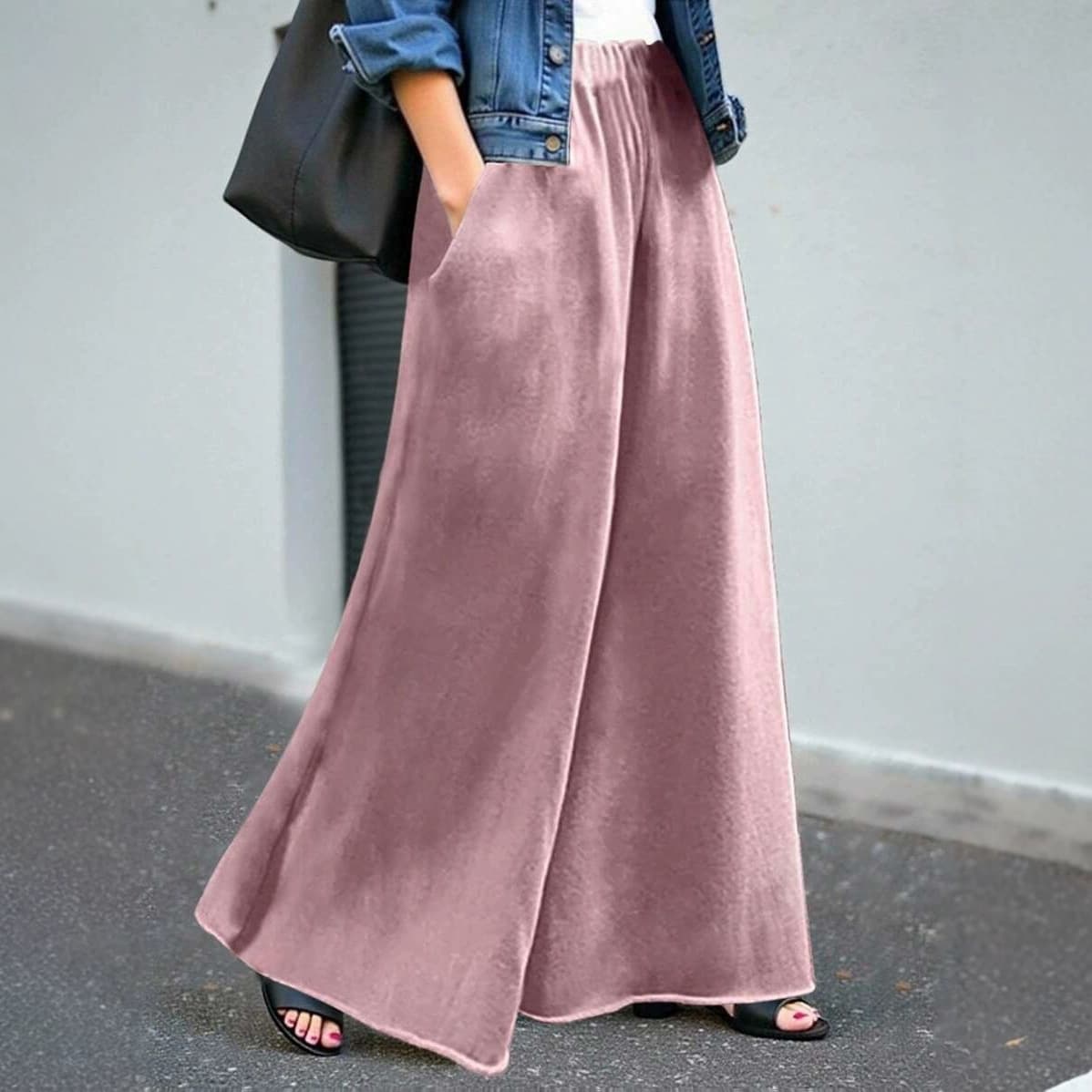 Womens Solid-Color Casual Loose-Fit Fashionable Wide-Leg Pants