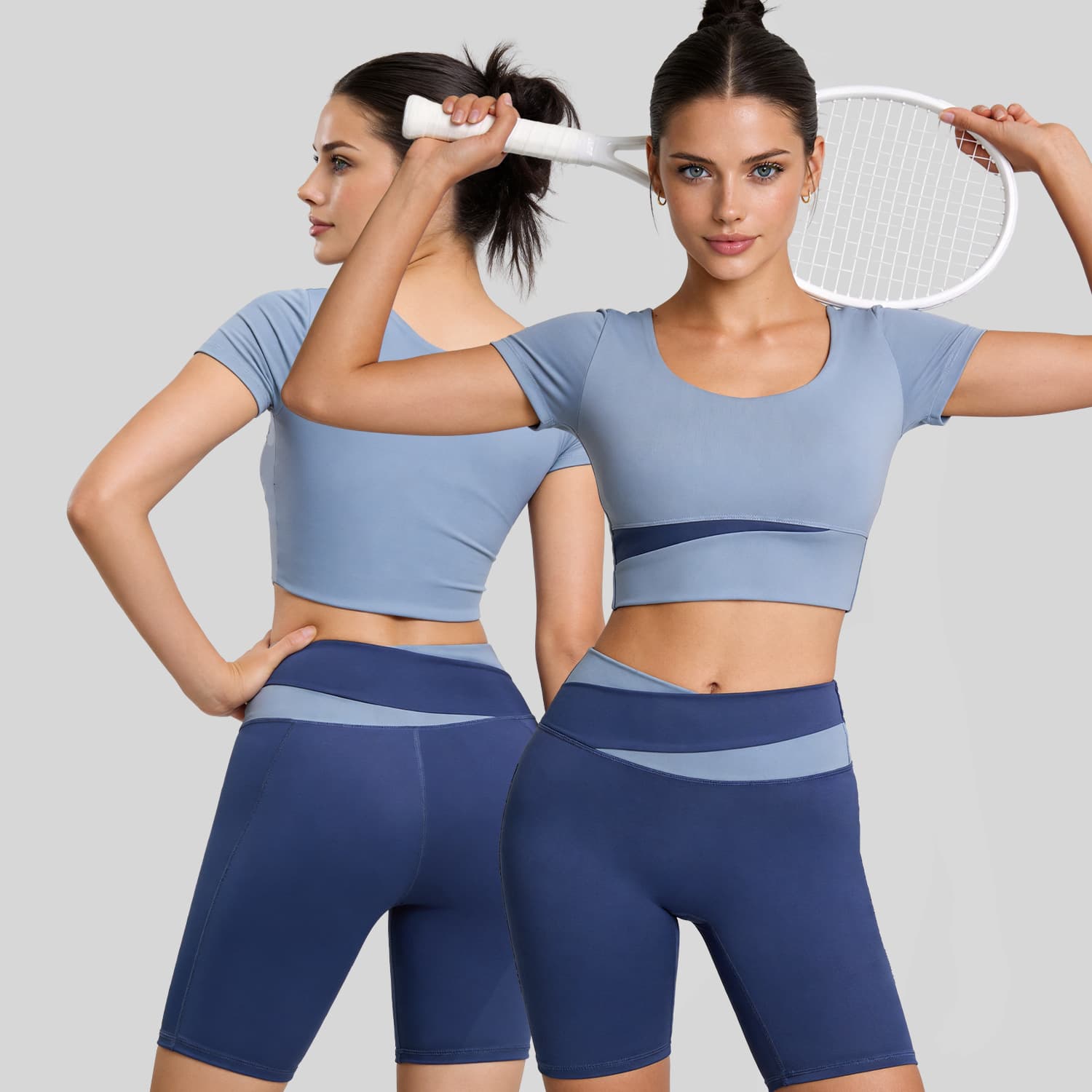 Midriff Baring Cropped Hip Lifting Sports And Fitness Color Block Short Sleeve Yoga Outfit Set