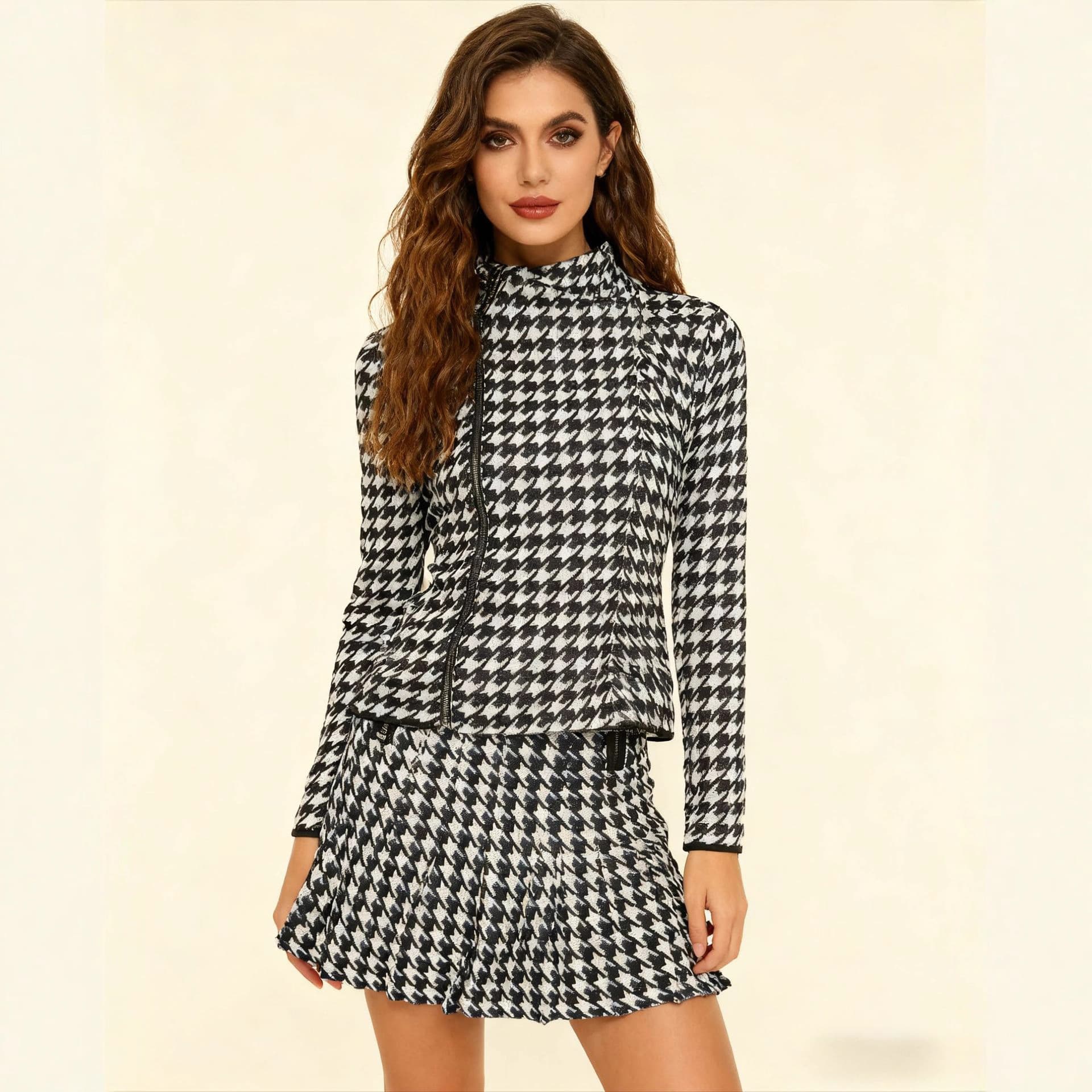 Zip-up Long-sleeve Skirt And Workwear Knit Sweater Set