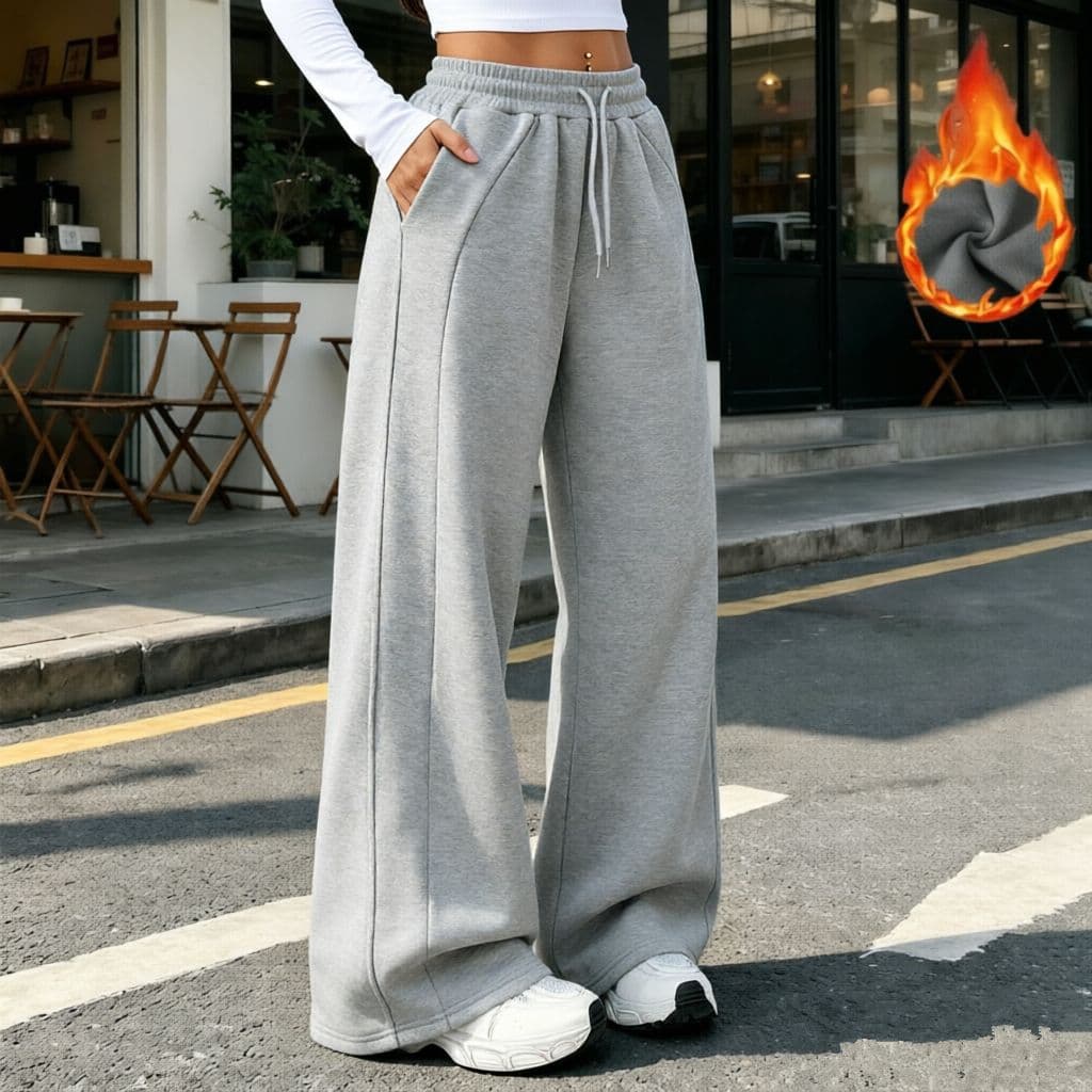 Womens Fashion Solid-Color Loose High-Waist Straight-Leg Pants