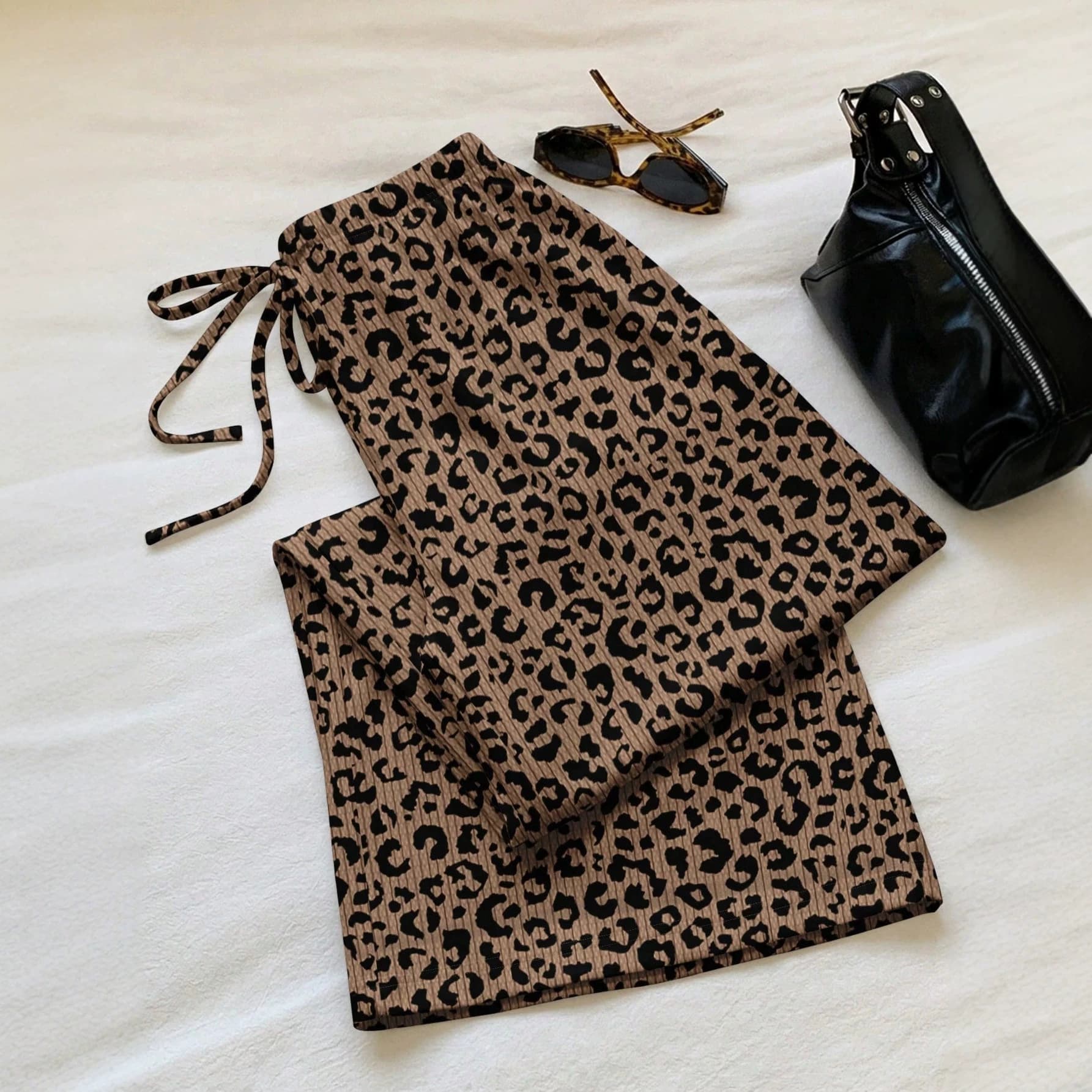 Leopard-print Wide-leg Pants Womens Draping Casual Trousers