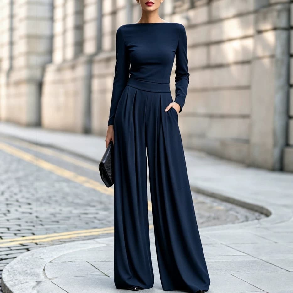 Womens Casual Wide-Leg Long-Sleeve Jumpsuit