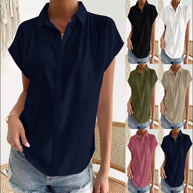 New Womens Casual Loose-fit Solid-color Lapel Short-sleeve Button-down Shirt