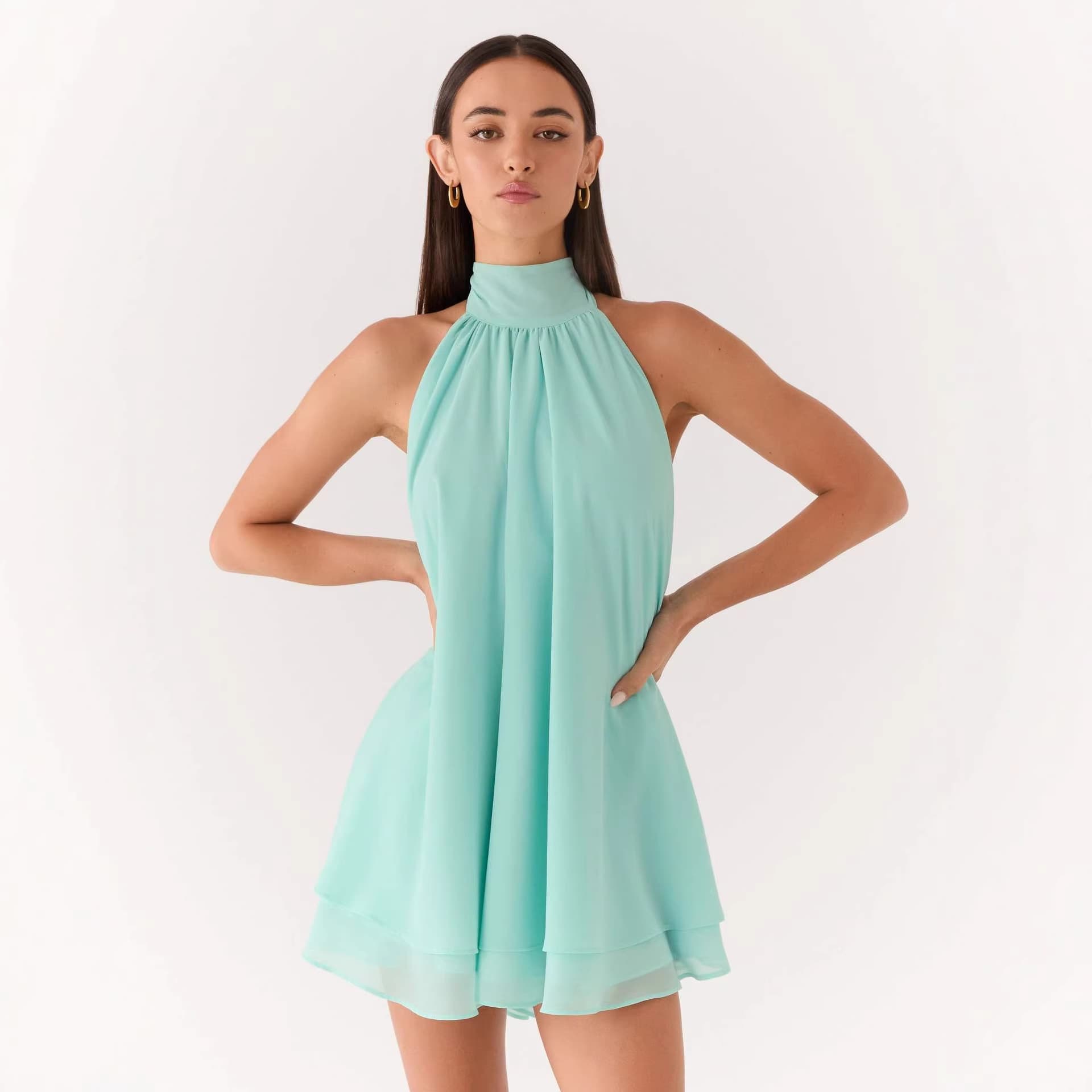 Halter-neck Sleeveless Dress High-neck Double-layered