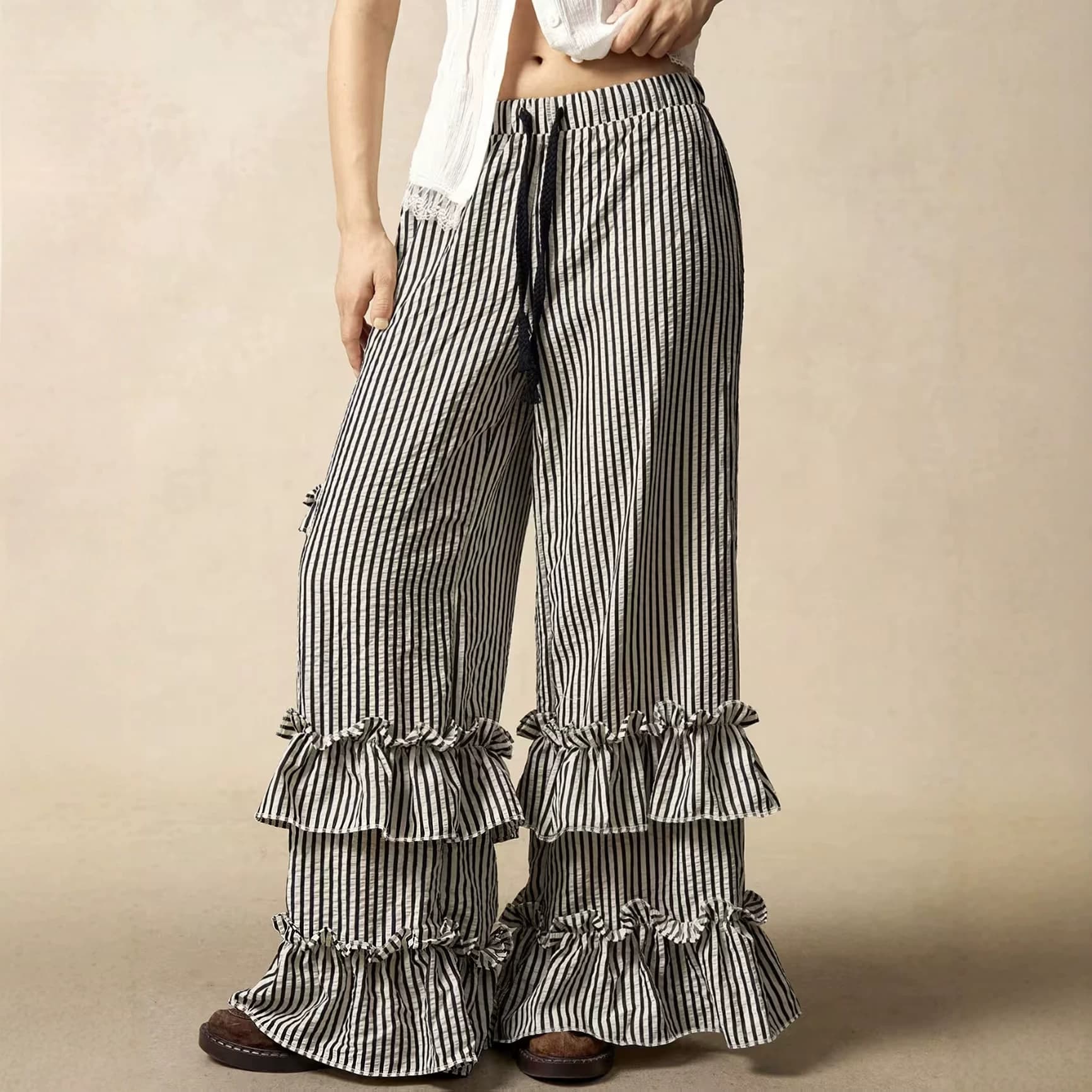 Women's Casual Elastic-waist Flared Wide-leg Pants Long Pants
