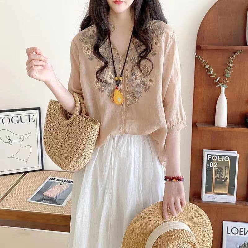 New Casual Artistic-style Loose-fitting V-neck Top