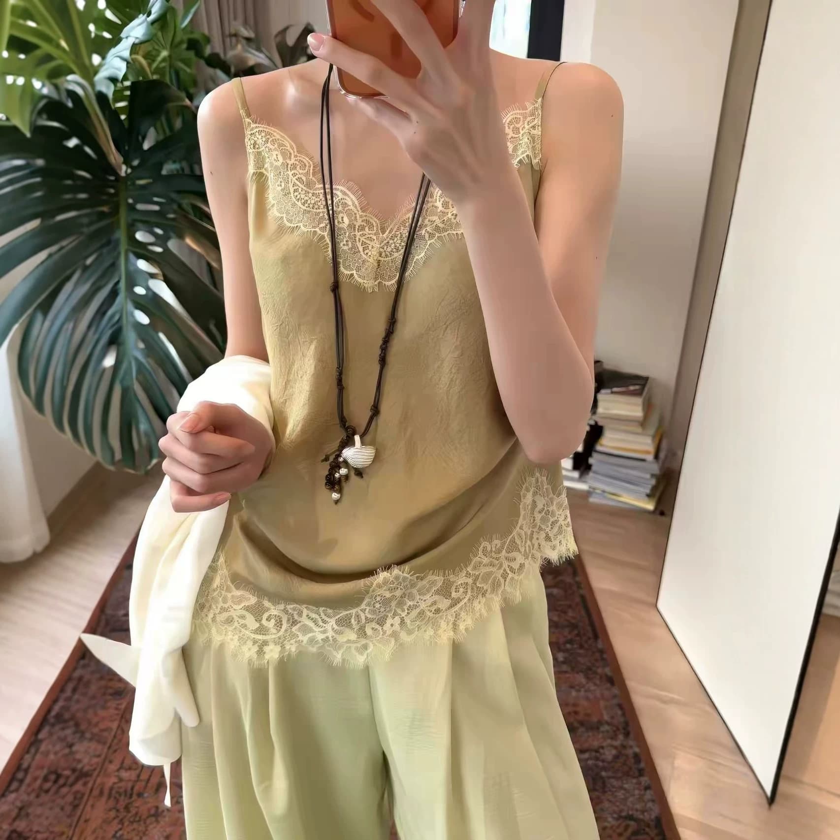 Lace Camisole With V-Neck And Lace Trim Panels