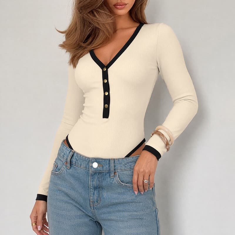 Contrast-color V-neck Jumpsuit For Women