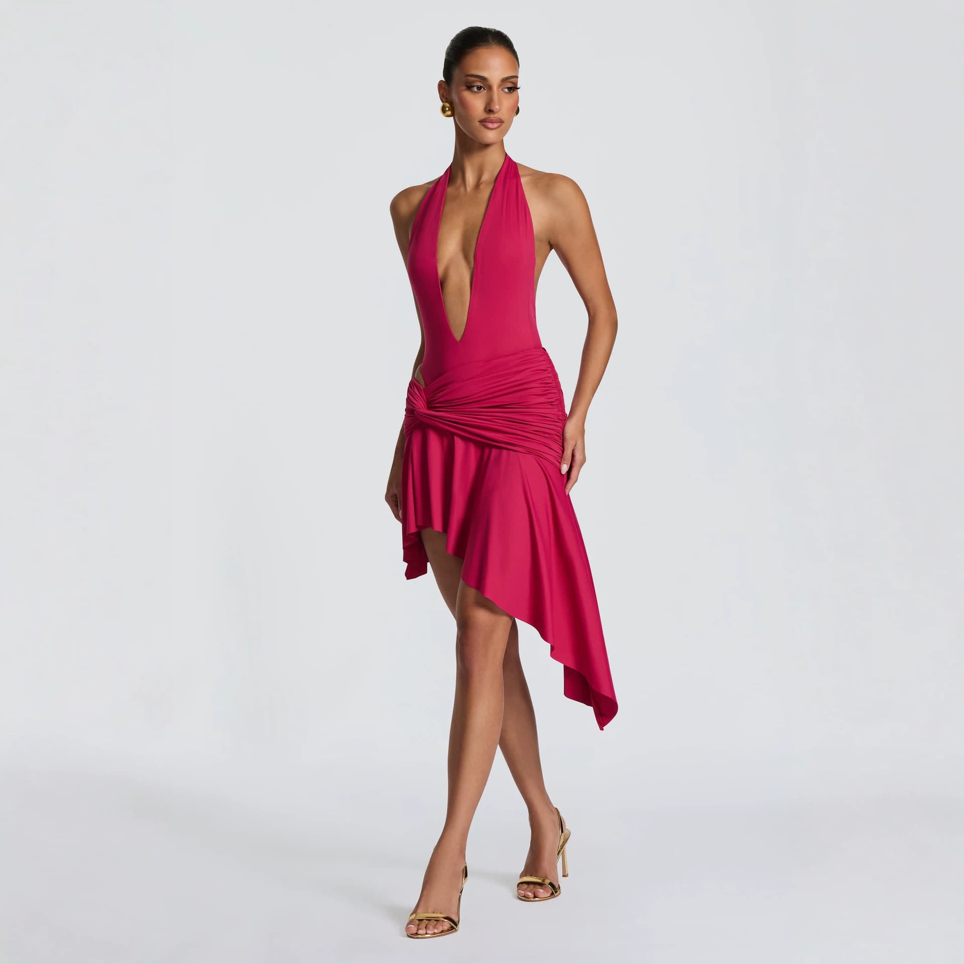 Halter-neck Deep-V Backless Bodysuit And Asymmetrical Short Skirt Two-piece Set