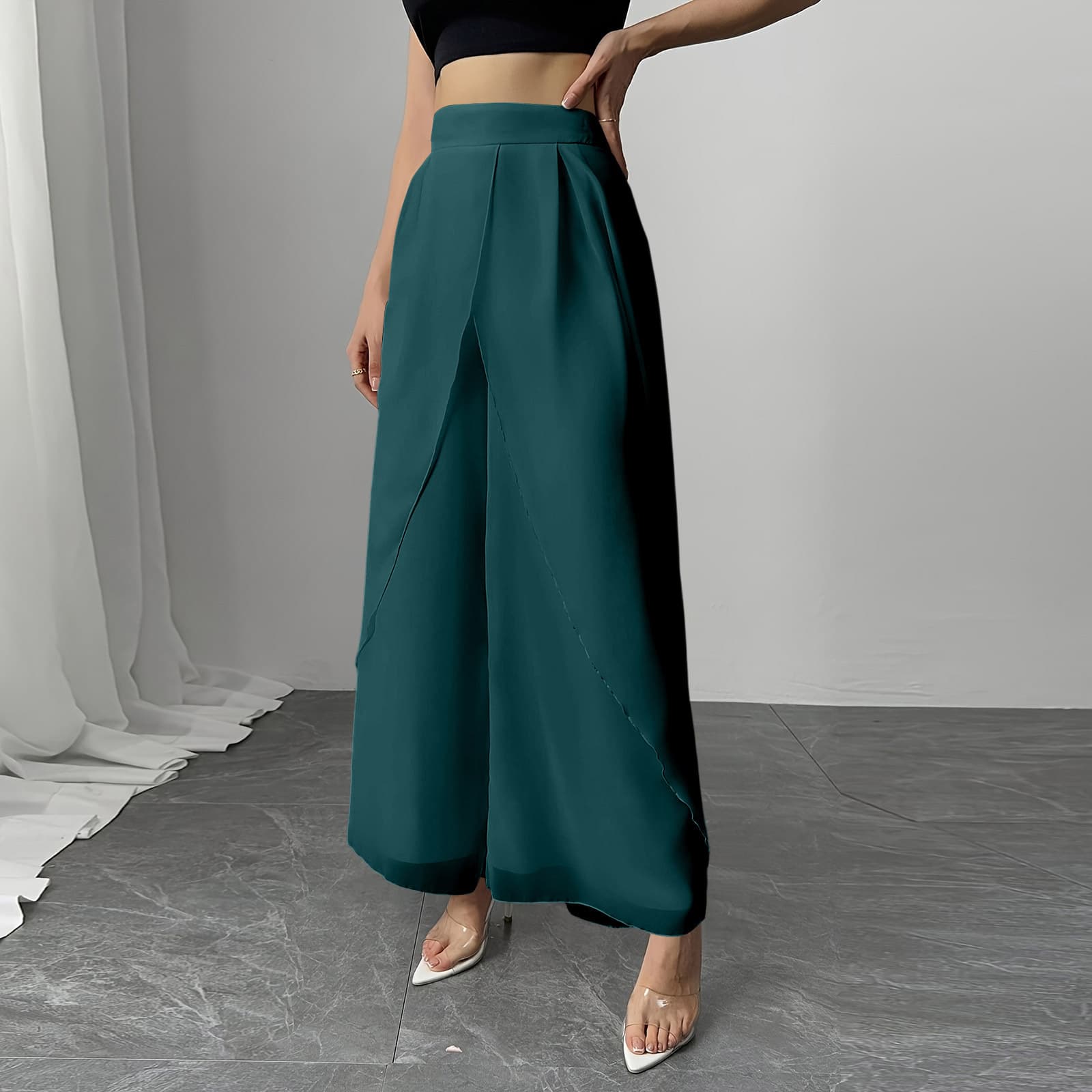 Womens Solid-color Casual High-waisted Wide-leg Pants