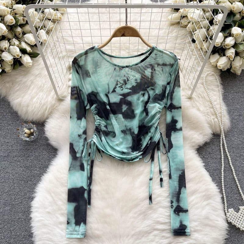 Womens Retro Tie-Dye Mesh Drawstring Crew-Neck Top