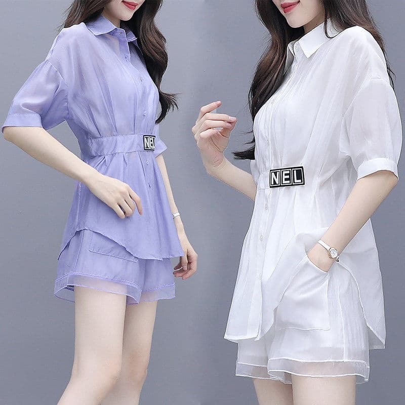 Womens Fashionable Mid-Length Long-Sleeve Shorts Set