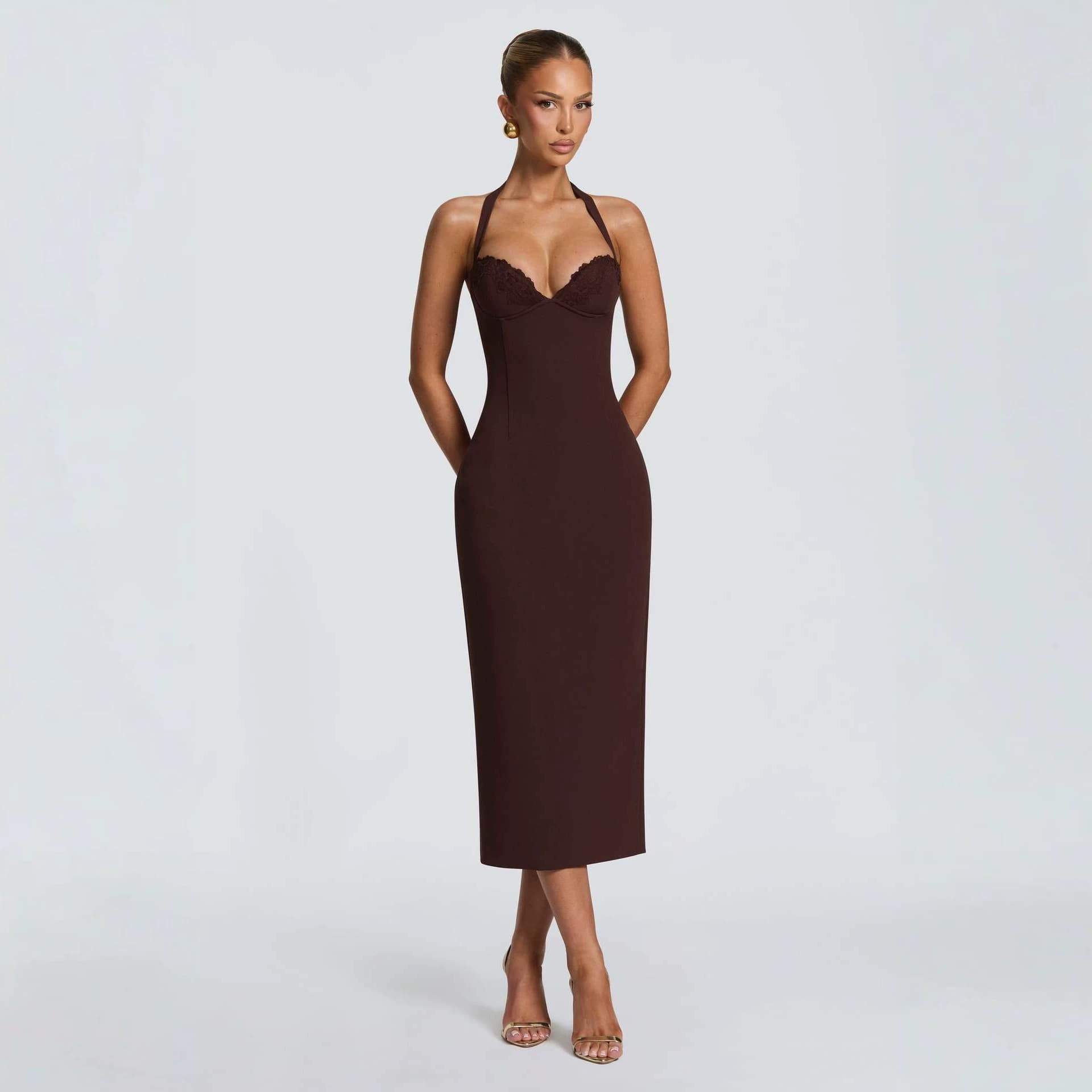 Lace-neck Halter Lace-panel Dress For Women