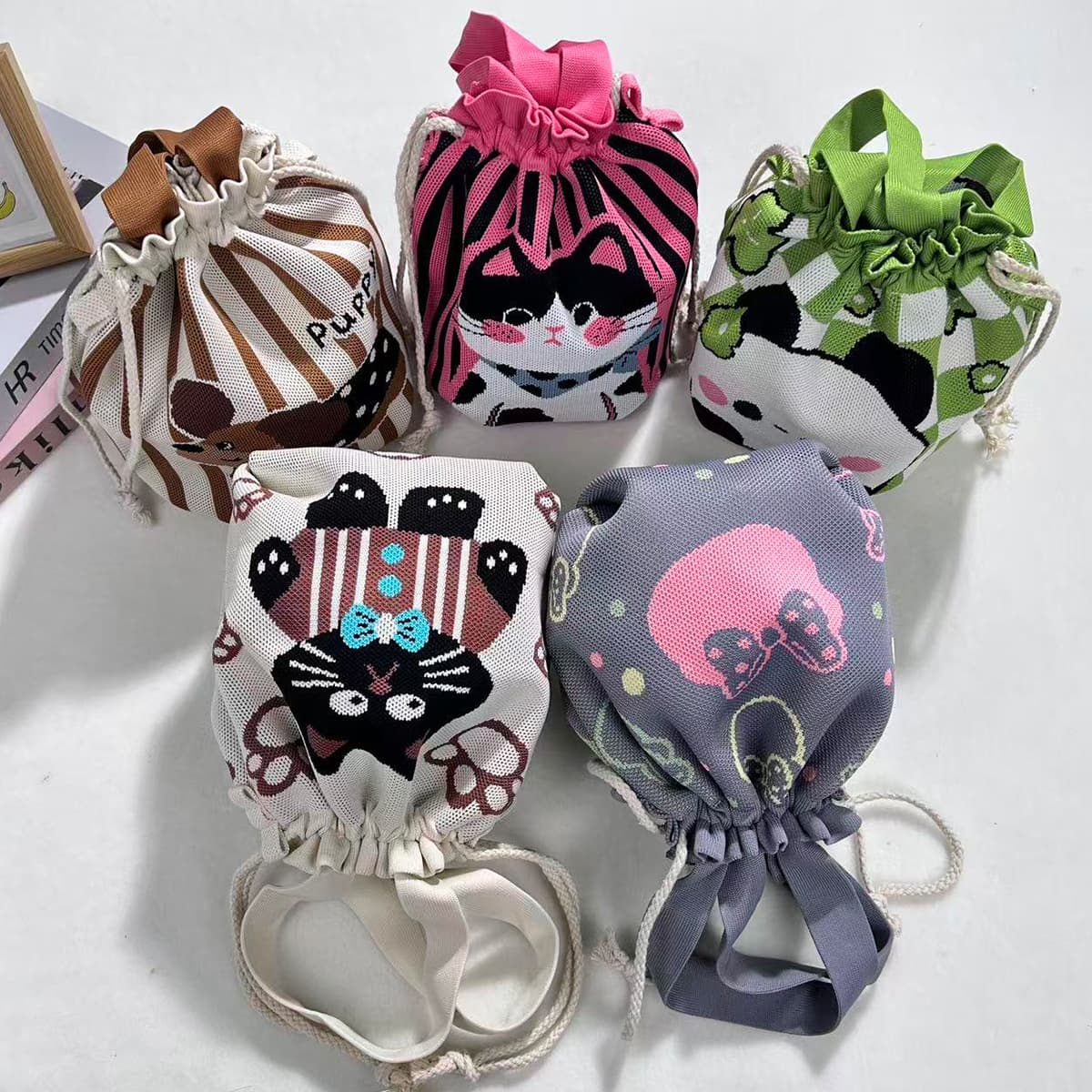 Japanese Cartoon Knitted Drawstring Handbag
