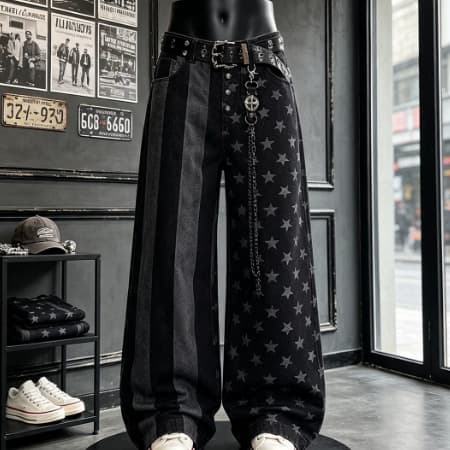 American-style High-street Vintage Raw Denim Striped Star-print Counterculture Loose Wide-leg Long Jeans