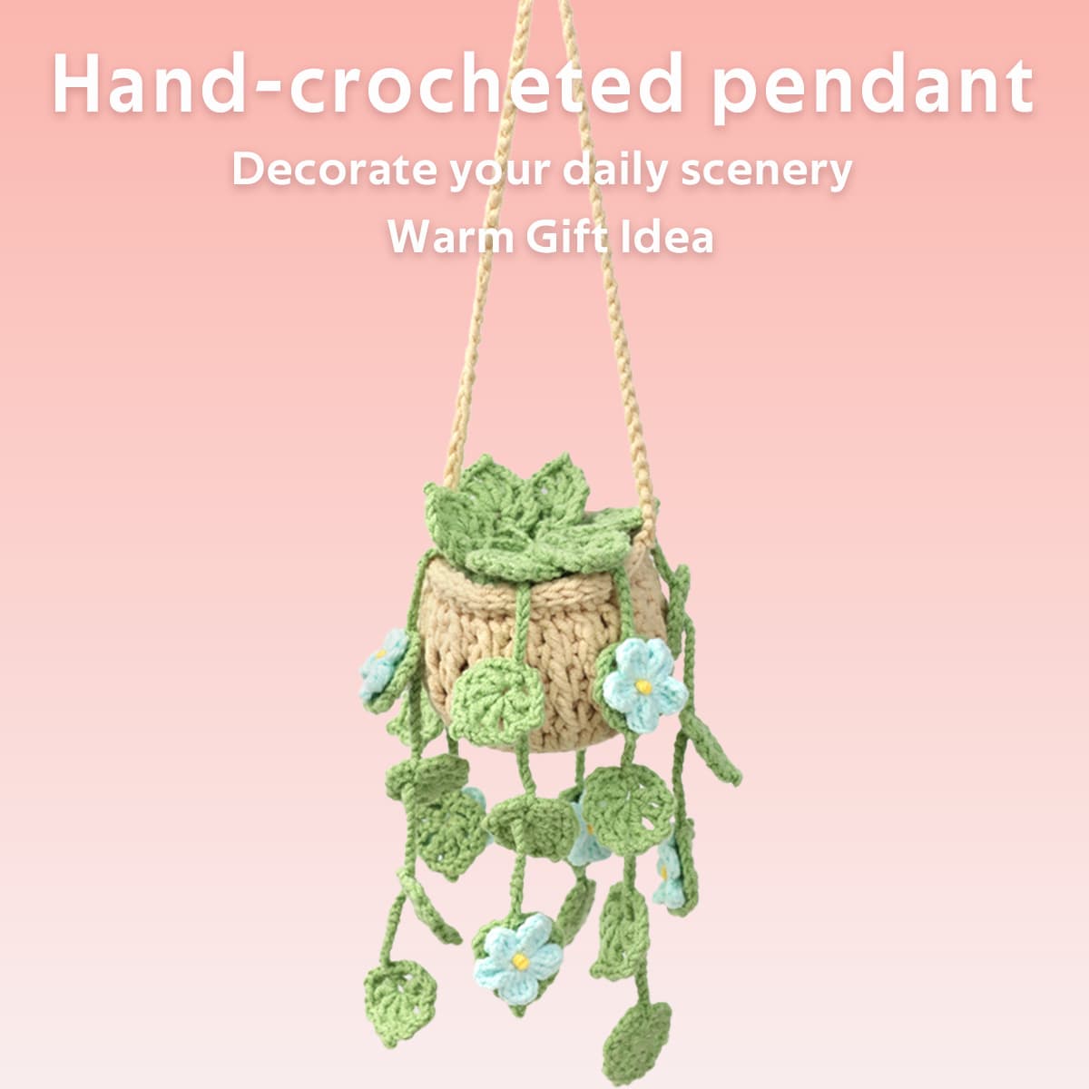Handmade Crochet Hanging Potted Ornament With Trailing Green Leaves And Pale Blue Blossoms Everlasting Soft Yarn Crochet Flower Indoor Home Hanging Decor
