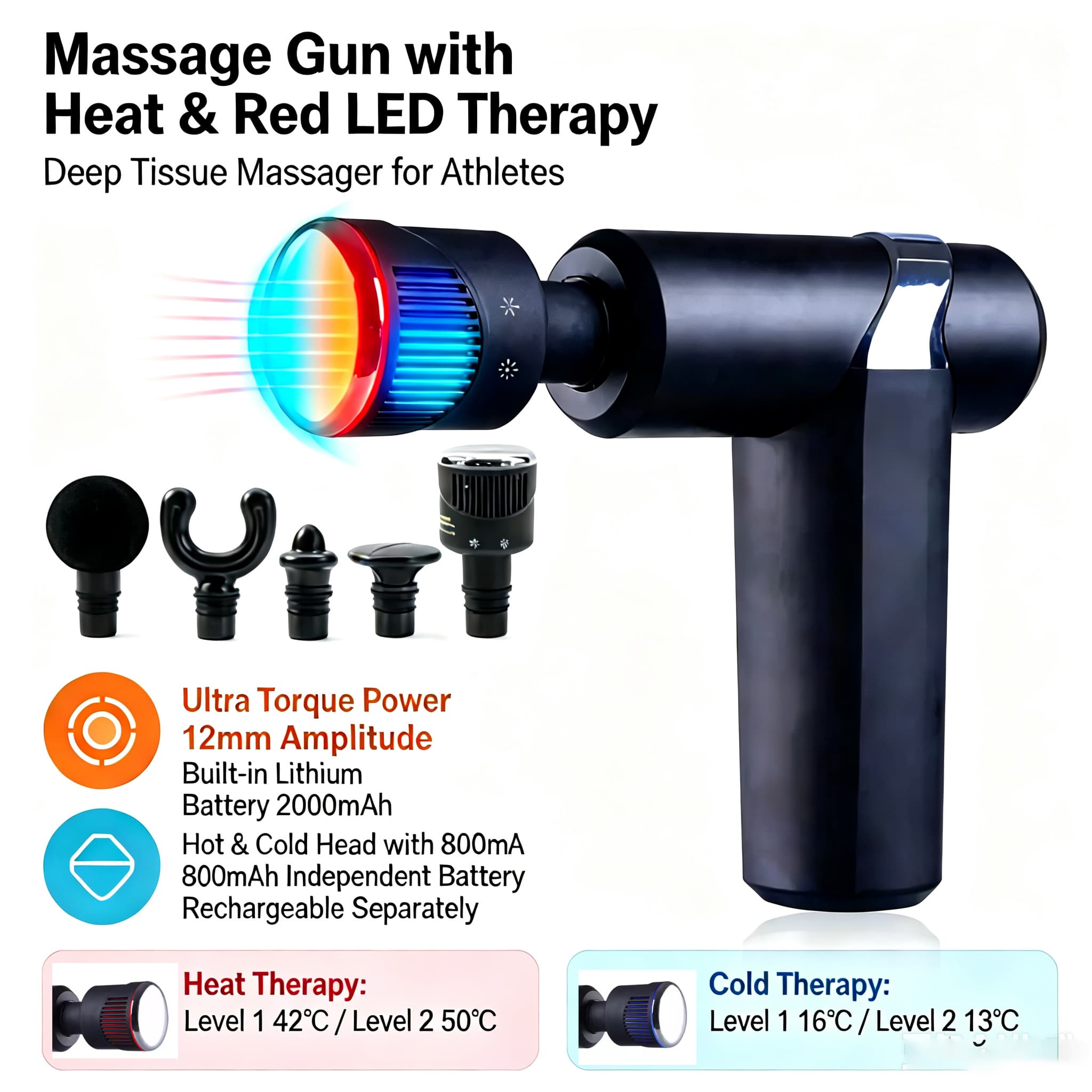 Heat & Cold Therapy Percussion Massage Gun Massage Gun Deep Tissue, 5 Heads Muscle Massager With Heat And Cold