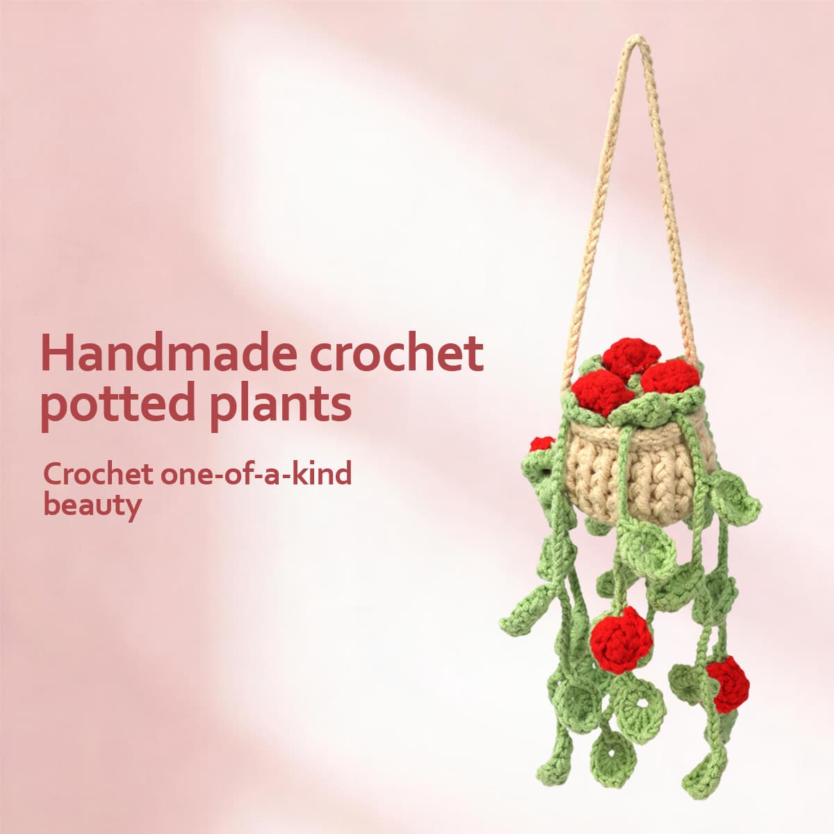 Handmade Crochet Trailing Heart Red Bud Green Vine Hanging Potted Ornament Soft Yarn Everlasting Blossom For Indoor Home Decoration