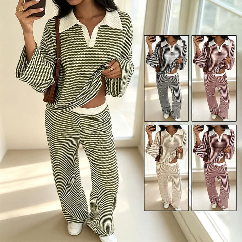 Knitted Two-piece Set Relaxed-fit Figure-flattering Long-sleeve Top High-waist Wide-leg Pants