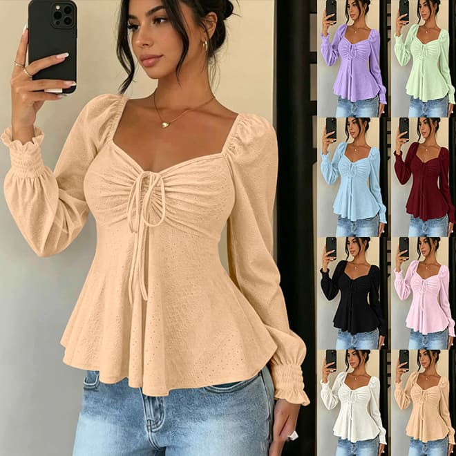European And American Style V-neck Drawstring Ruched Sexy Short-sleeve Solid-color Long-sleeve