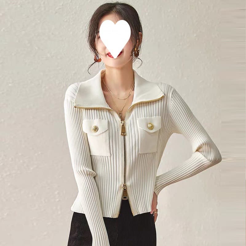 Womens Knitted Cardigan Sweater With Double Zippers And Lapel Collar