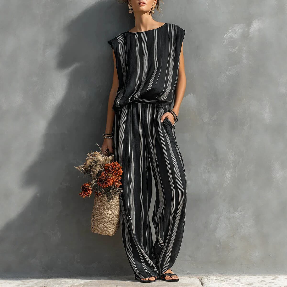 Striped Sleeveless Top And Wide-leg Pants Set