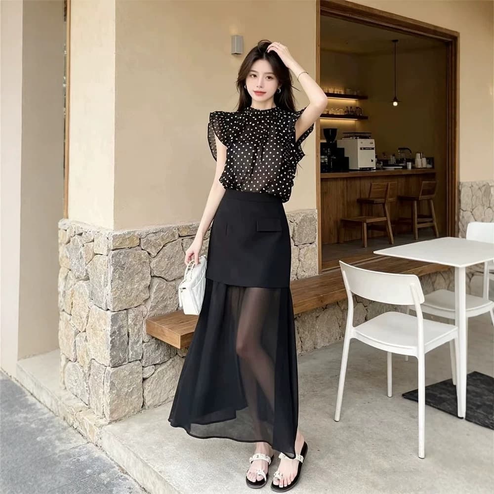Elegant Polka-dot Blouse And High-waisted Skirt Two-piece Set