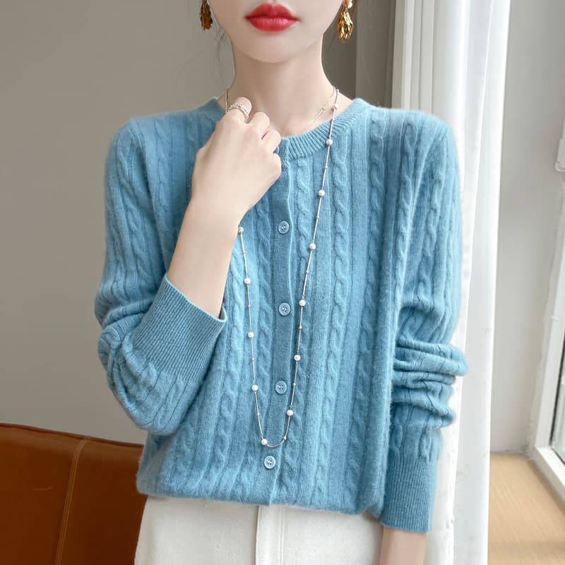 Navy Blue Cable-knit Sweater Cabled Cardigan Short-style Open-front Jacket