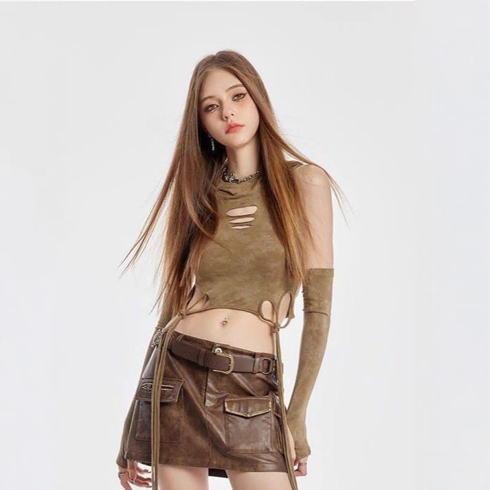 Khaki Post-apocalyptic Hooded T-shirt For Women