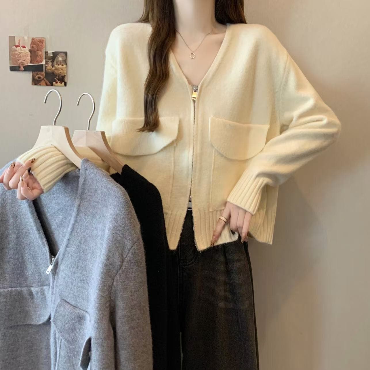 Womens Short Sweater Coat With Double Zippers