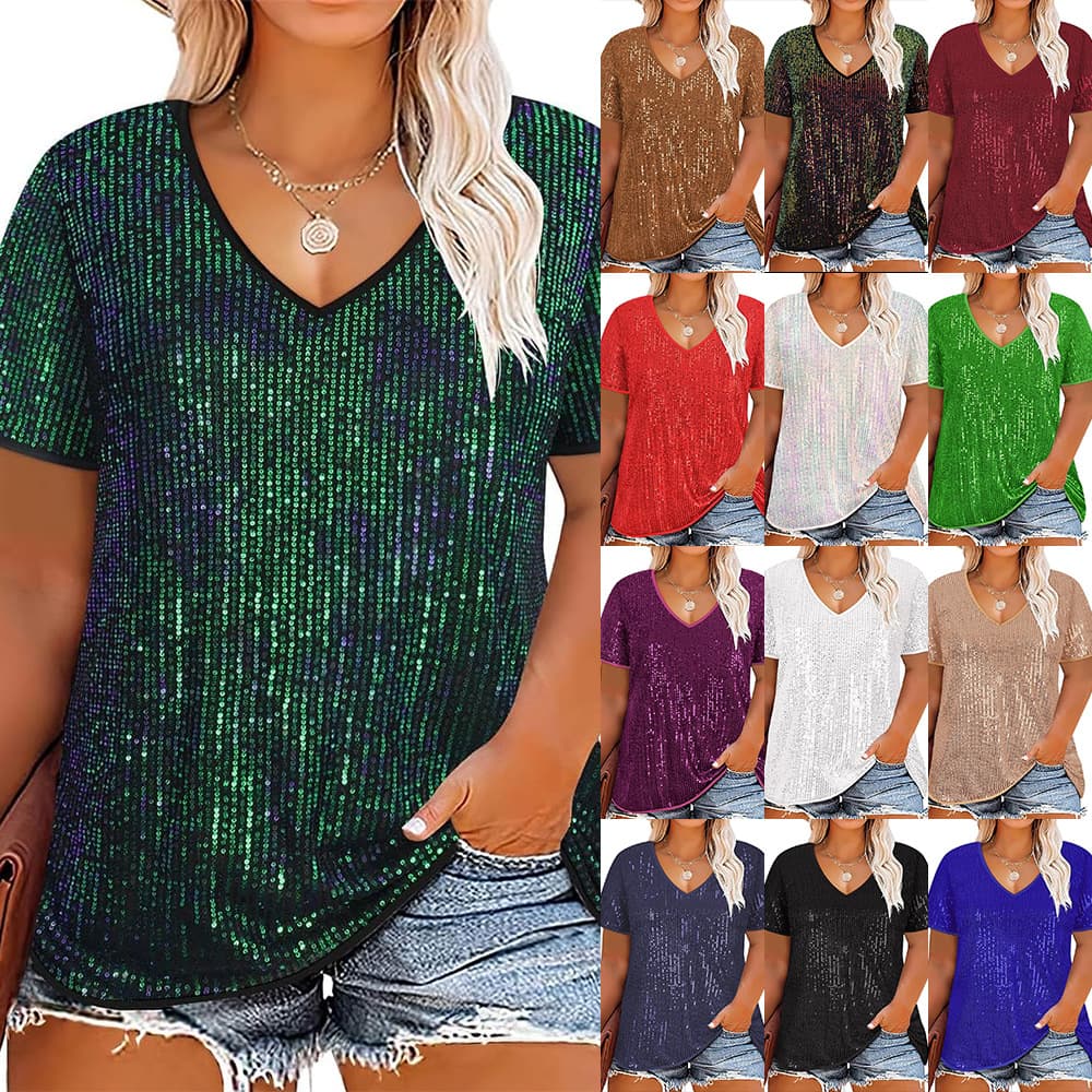 Sequined V-neck Short-sleeve Loose-fit Womens