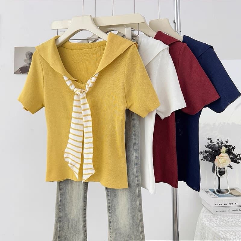 Retro Striped Patchwork Lace-up Naval-collar Drop-shoulder Summer Top For Women