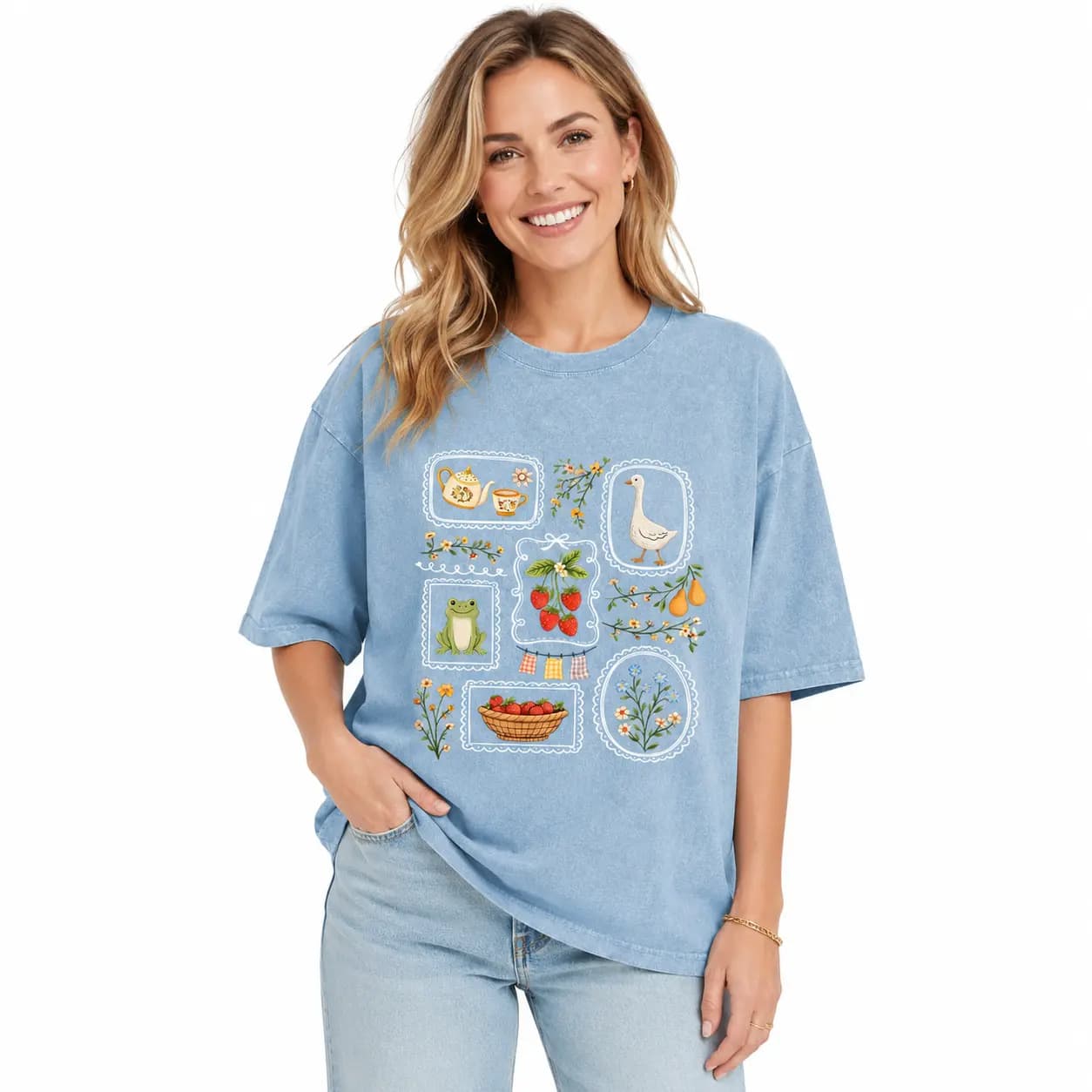Retro-print Womens Casual Streetwear Short-sleeve Top