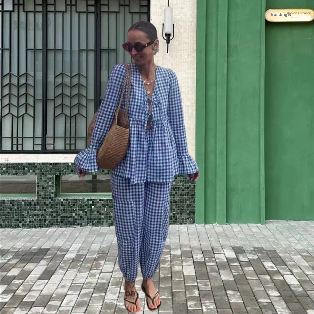 Comfort And Casual Flared Sleeves Long Sleeves Tie-neck Plaid Suit