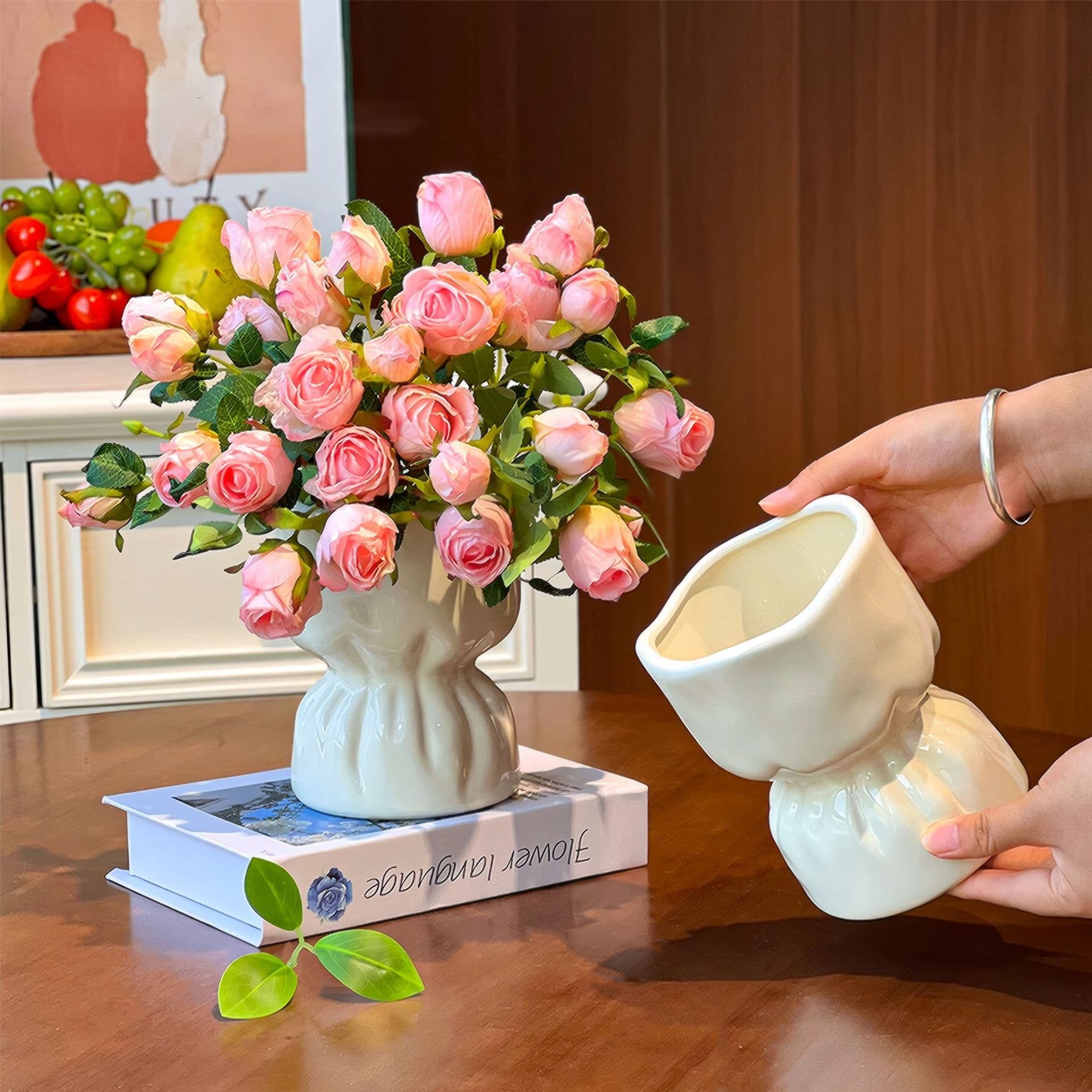 Creamy-style Flower Bouquet Vase Study Room Decorative Ornament