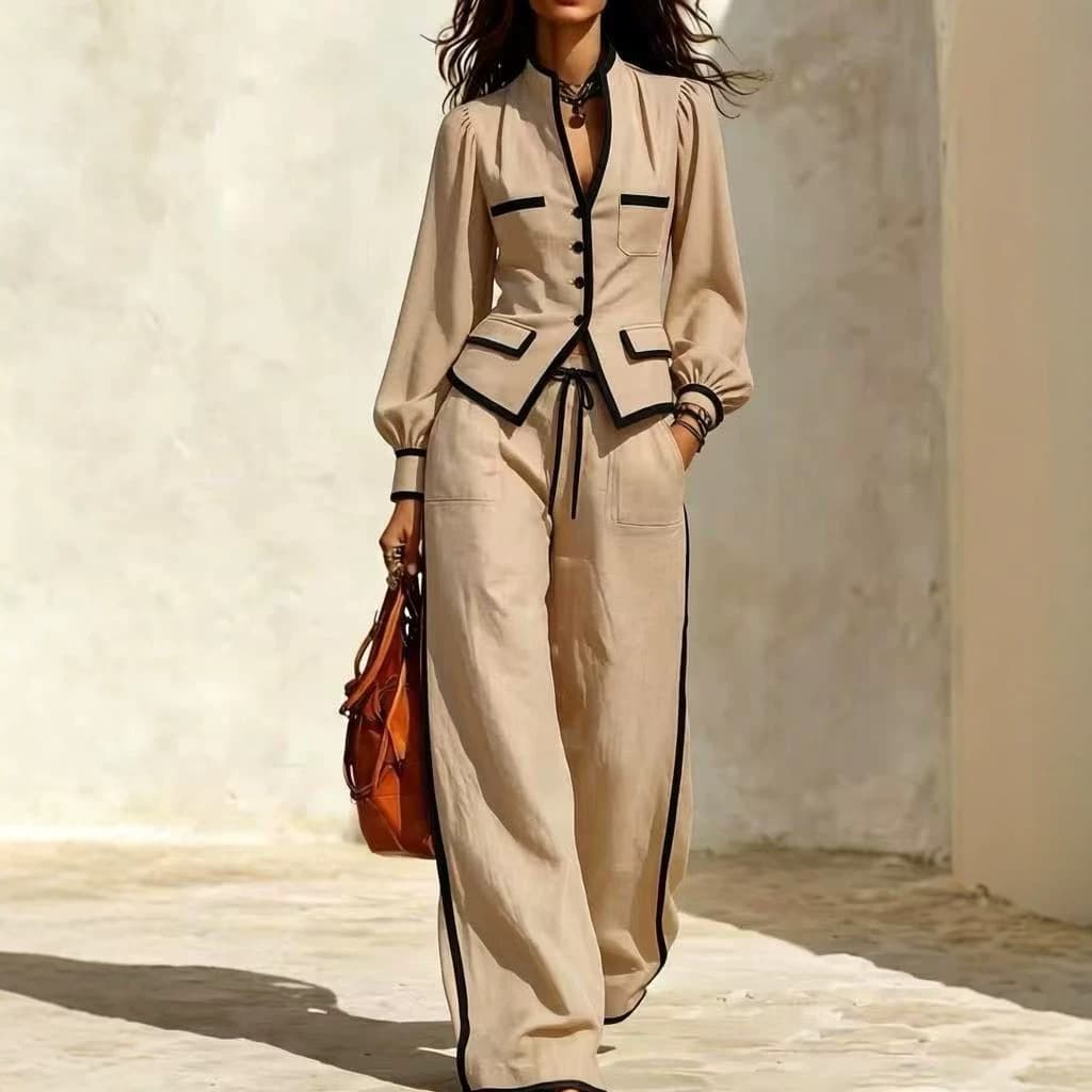 Womens Color-block Long-sleeve Single-breasted Top And Drawstring Pants Set