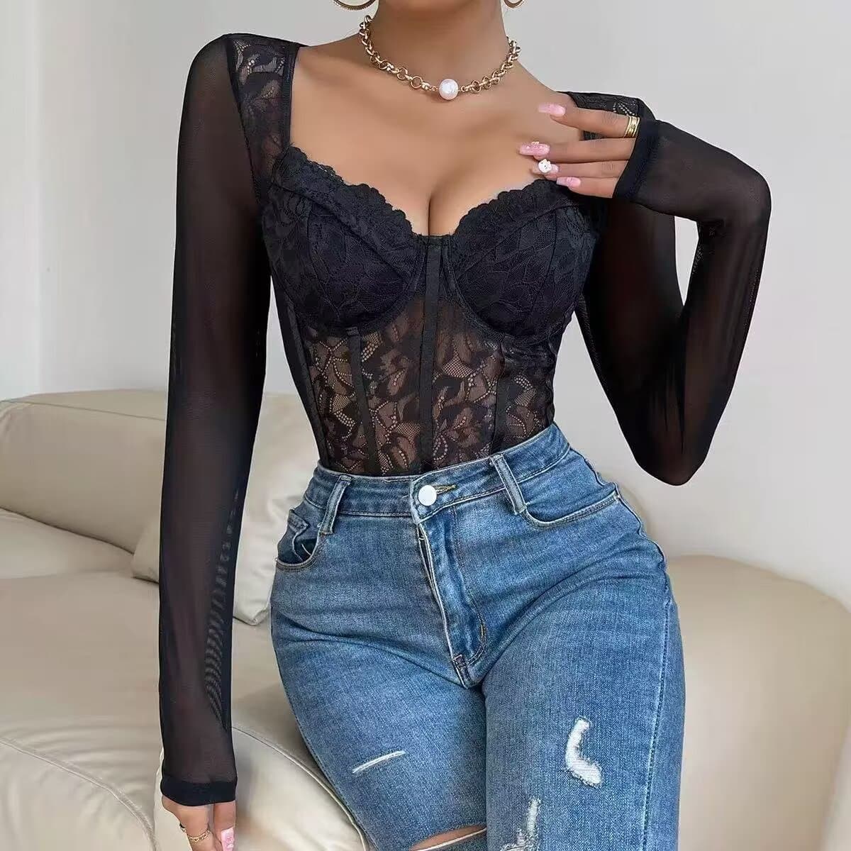 Womens Stylish Black Lace Hollow-Out Sheer Bodysuit With A Seductive Edge